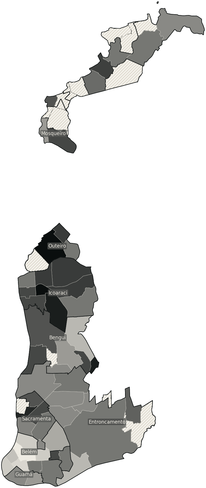 Mapa de Belém com o percentual de brancos e nulos para presidente por bairro em 2026