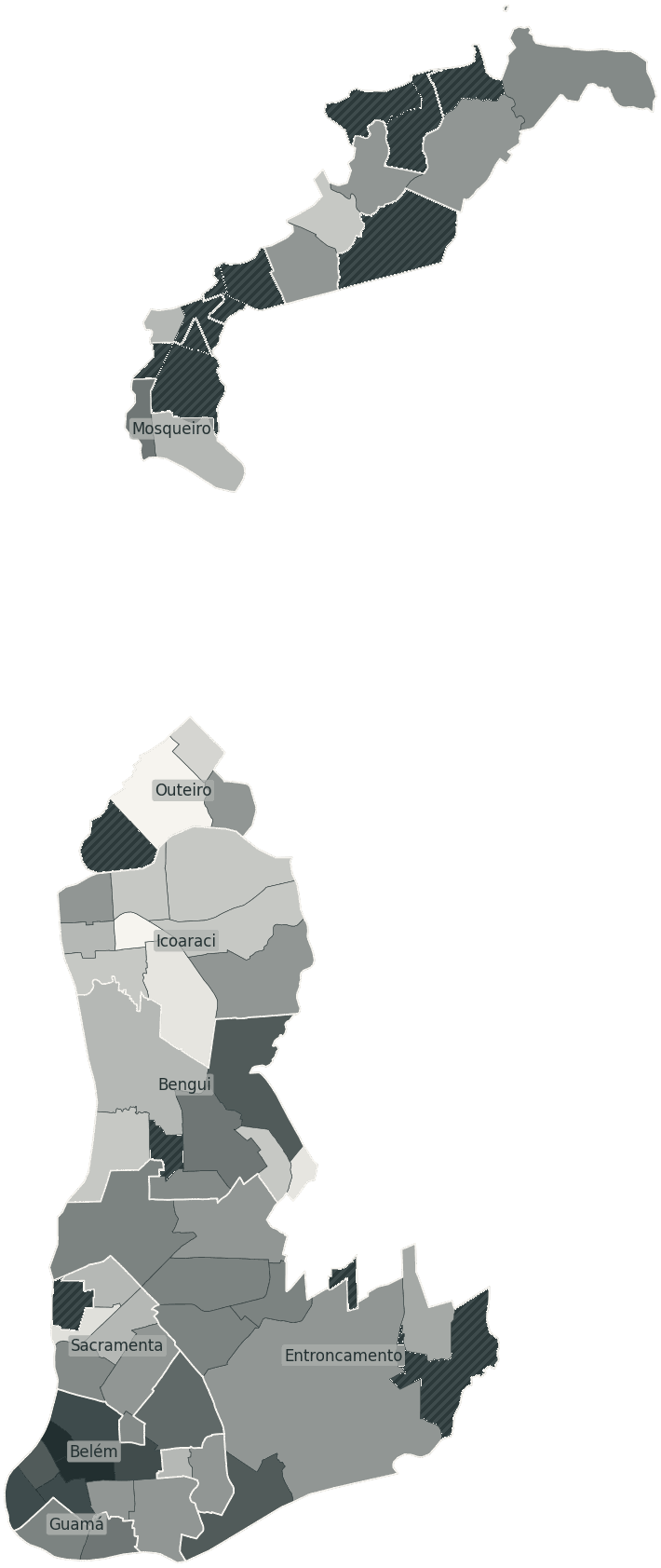 Mapa de Belém com o percentual de brancos e nulos para presidente por bairro em 2026