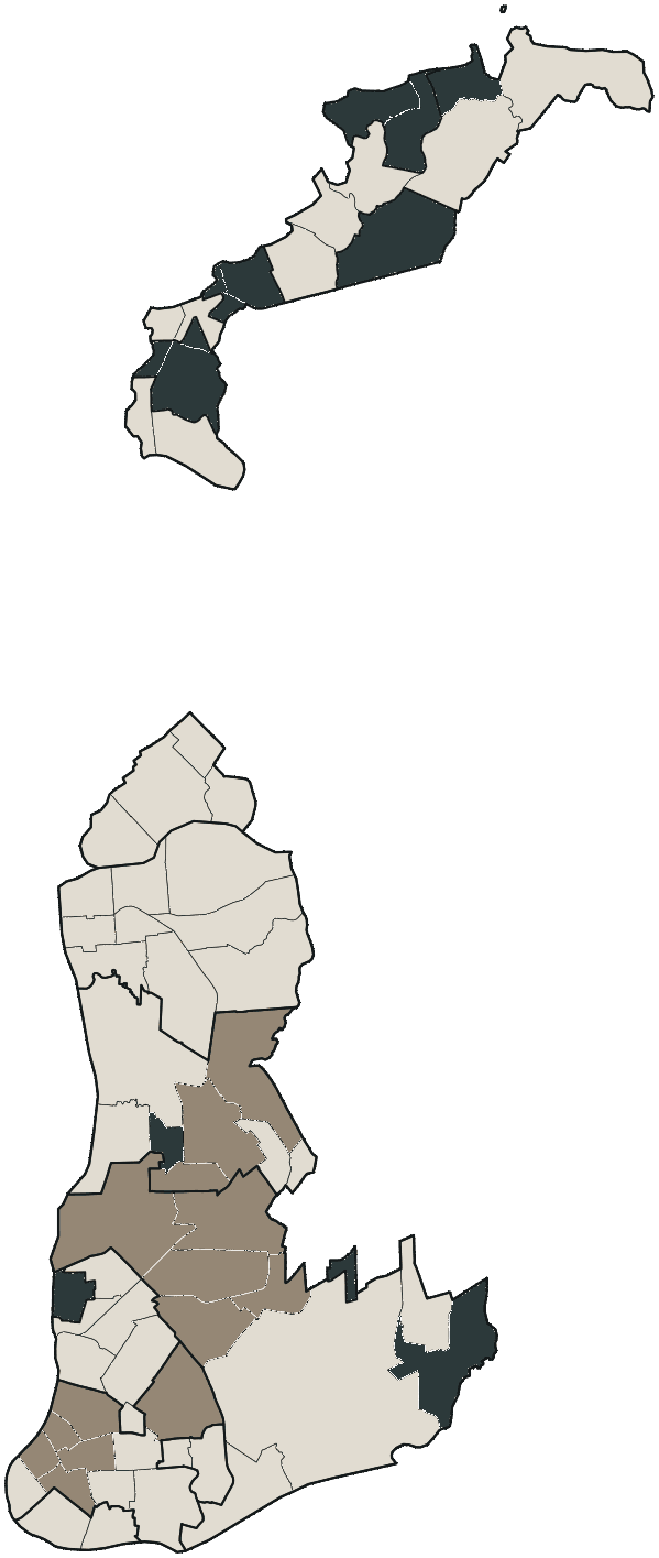 Mapa de Belém com o partido mais votado em cada bairro para Senado (2 vagas), 2026