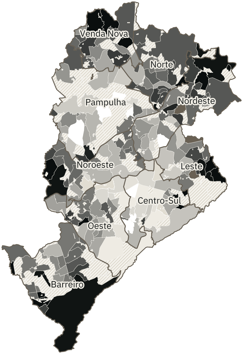 Mapa de Belo Horizonte com o percentual de brancos e nulos para presidente por bairro em 2026