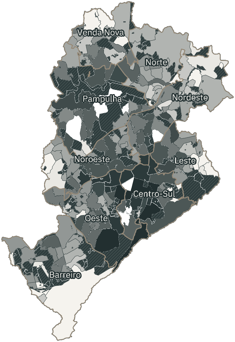 Mapa de Belo Horizonte com o percentual de brancos e nulos para presidente por bairro em 2026