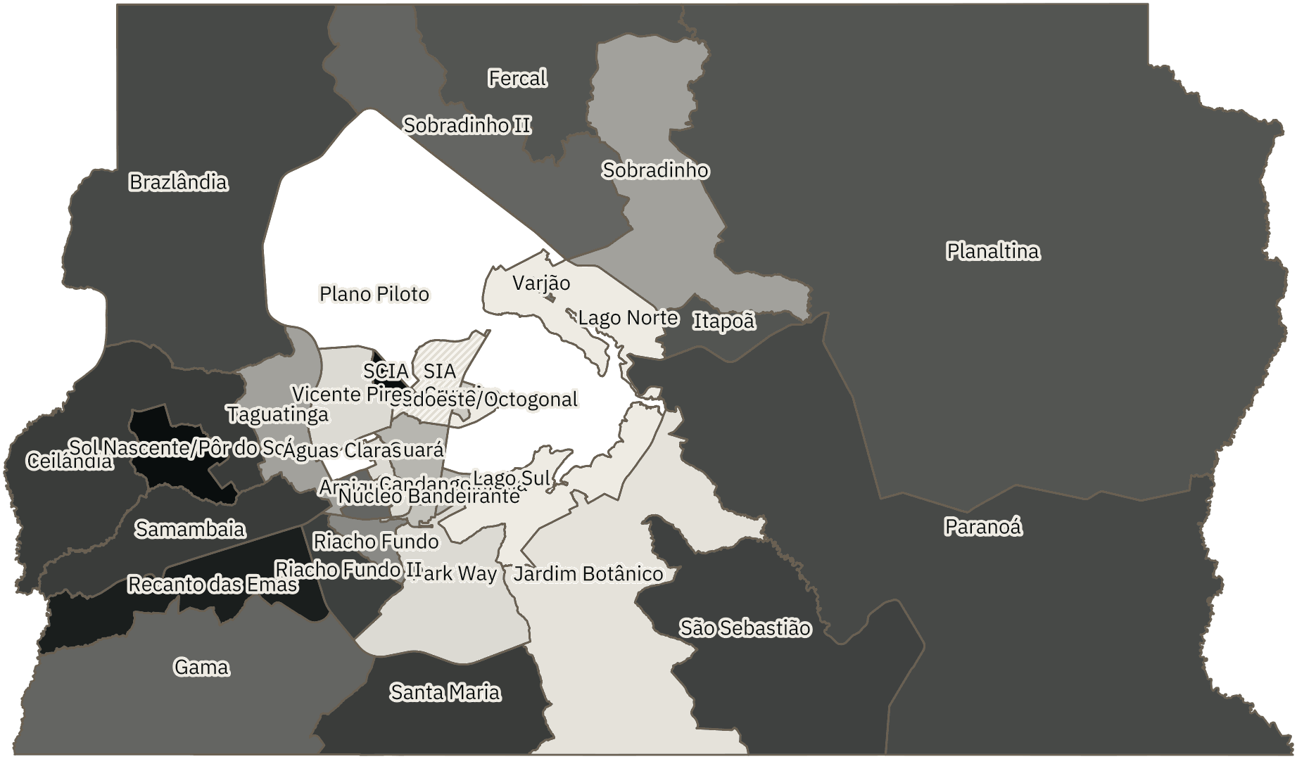 Mapa de Brasília com o percentual de brancos e nulos para presidente por RA em 2026