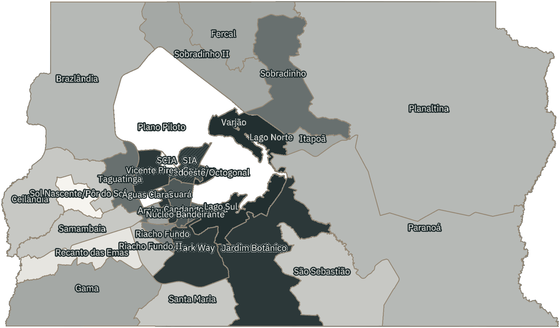Mapa de Brasília com o percentual de brancos e nulos para presidente por RA em 2026