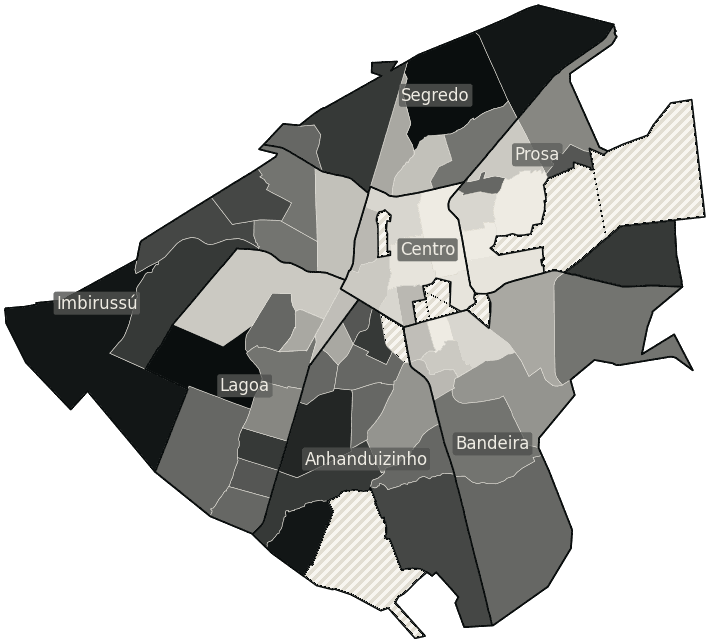 Mapa de Campo Grande com o percentual de brancos e nulos para presidente por bairro em 2026