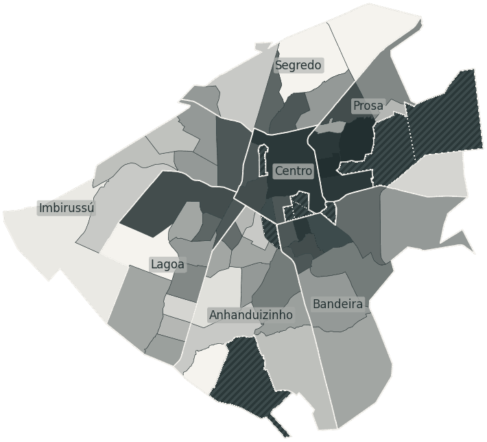 Mapa de Campo Grande com o percentual de brancos e nulos para presidente por bairro em 2026