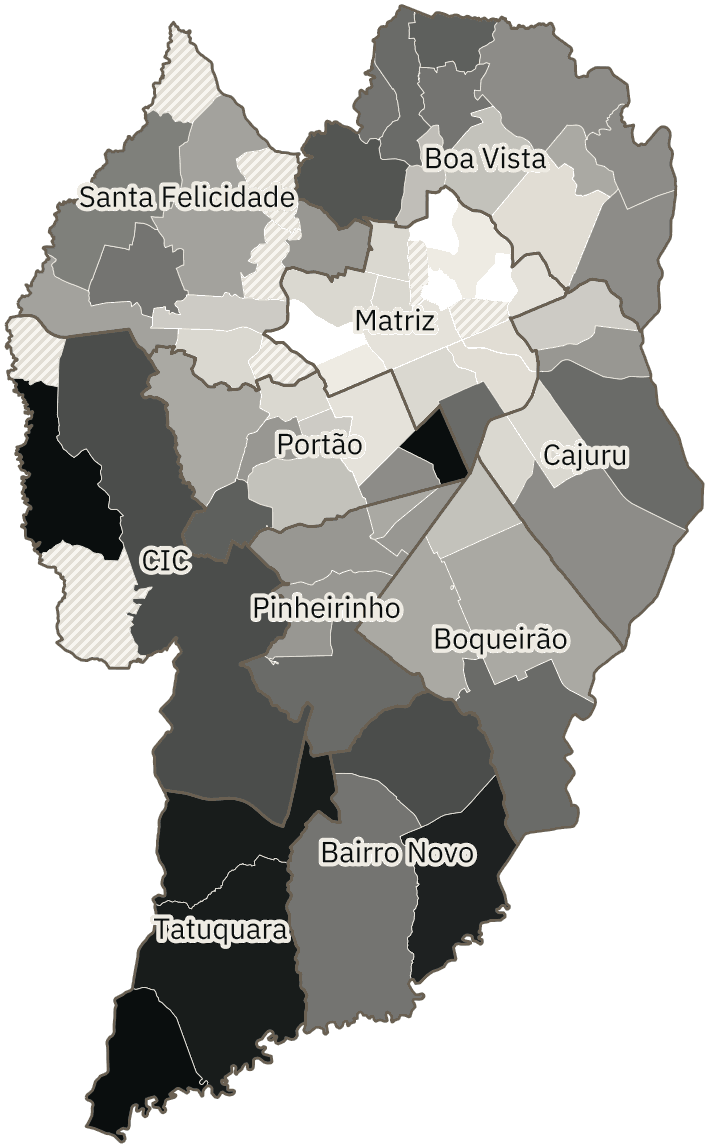 Mapa de Curitiba com o percentual de brancos e nulos para presidente por bairro em 2026