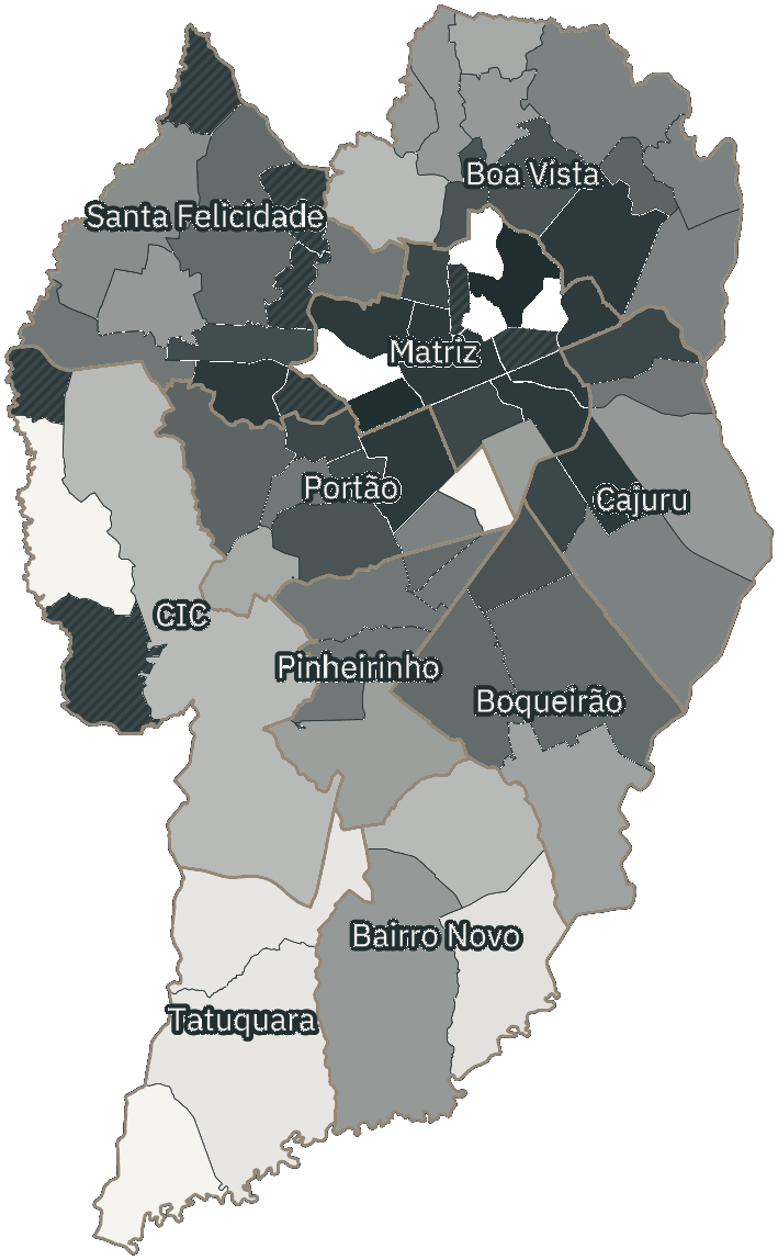 Mapa de Curitiba com o percentual de brancos e nulos para presidente por bairro em 2026