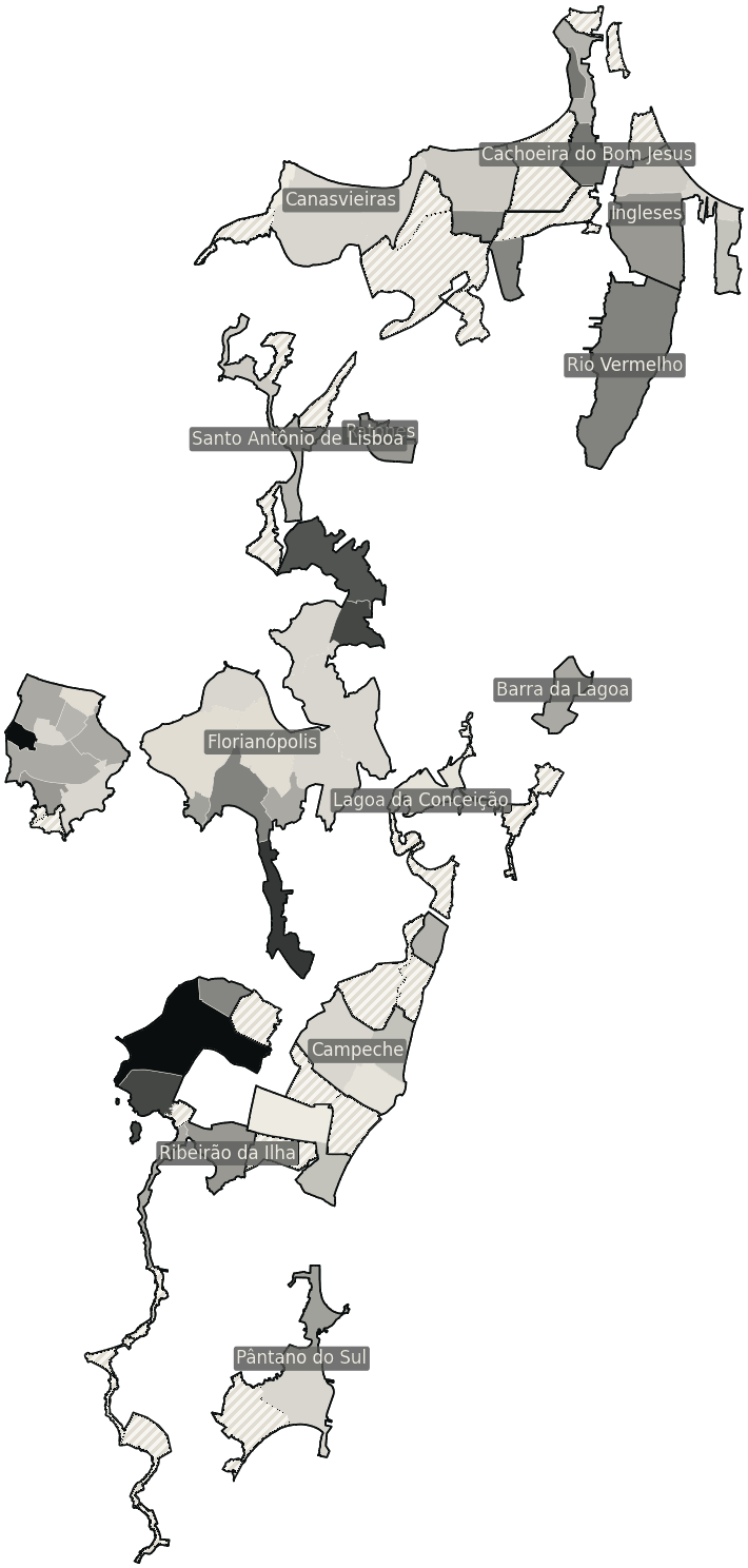 Mapa de Florianópolis com o percentual de brancos e nulos para presidente por bairro em 2026