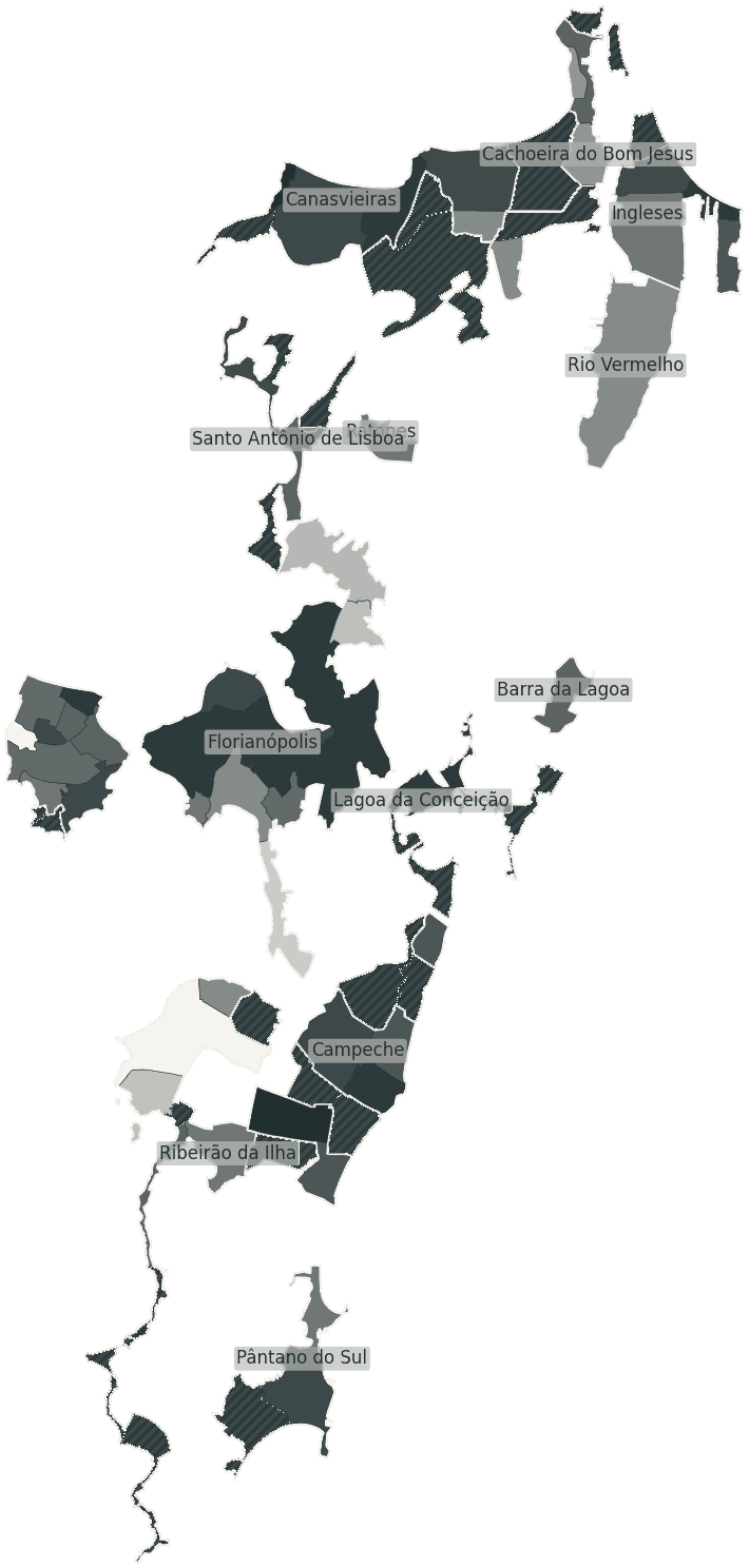Mapa de Florianópolis com o percentual de brancos e nulos para presidente por bairro em 2026
