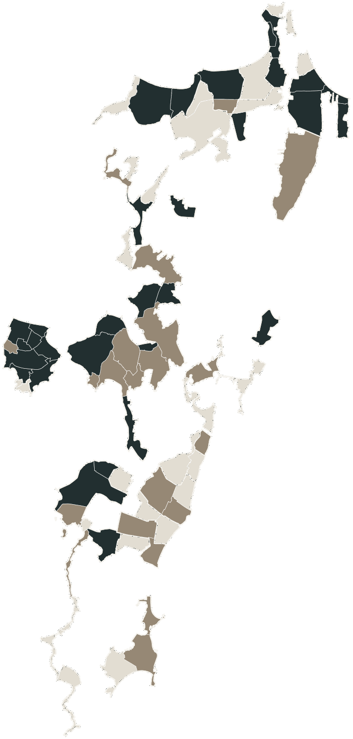 Mapa de Florianópolis com o candidato a presidente mais votado em cada bairro, 2022