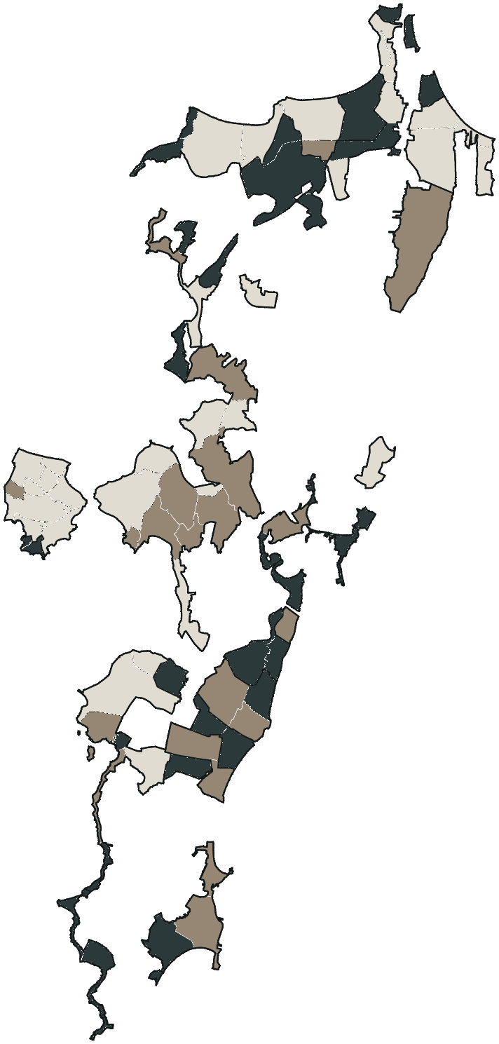 Mapa de Florianópolis com o candidato a presidente mais votado em cada bairro, 2022