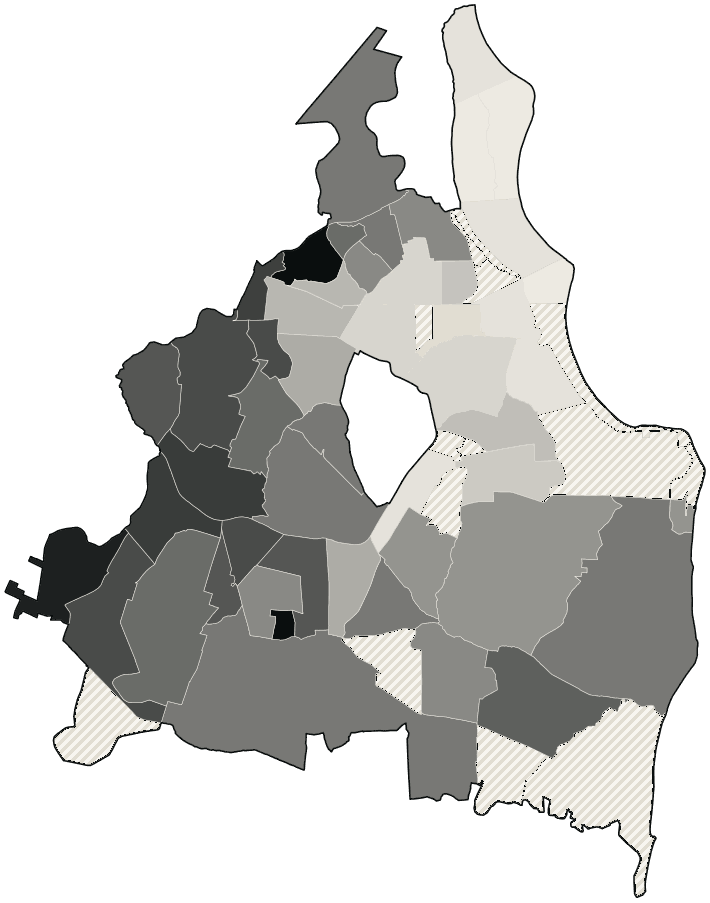 Mapa de João Pessoa com o percentual de brancos e nulos para presidente por bairro em 2026