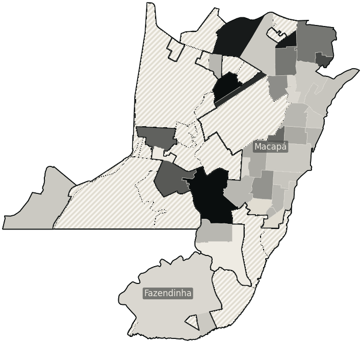 Mapa de Macapá com o percentual de brancos e nulos para presidente por bairro em 2026