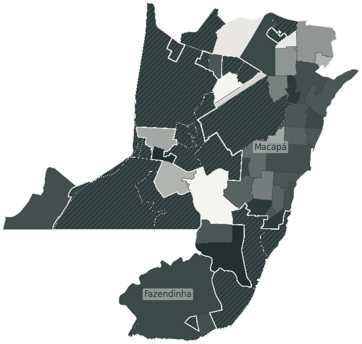 Mapa de Macapá com o percentual de brancos e nulos para presidente por bairro em 2026