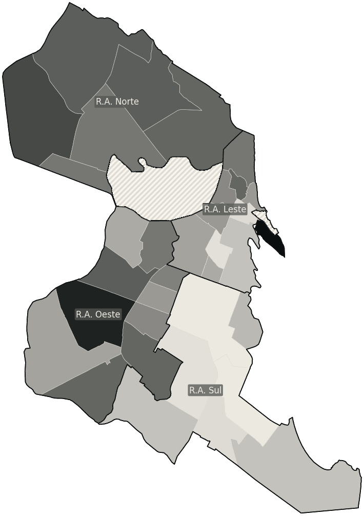Mapa de Natal com o percentual de brancos e nulos para presidente por bairro em 2026