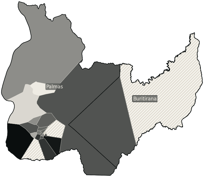 Mapa de Palmas com o percentual de brancos e nulos para presidente por bairro em 2026