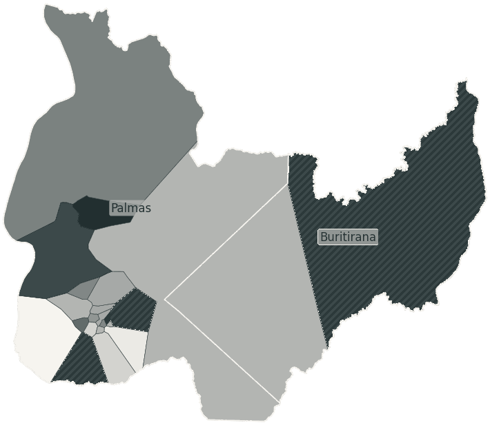 Mapa de Palmas com o percentual de brancos e nulos para presidente por bairro em 2026