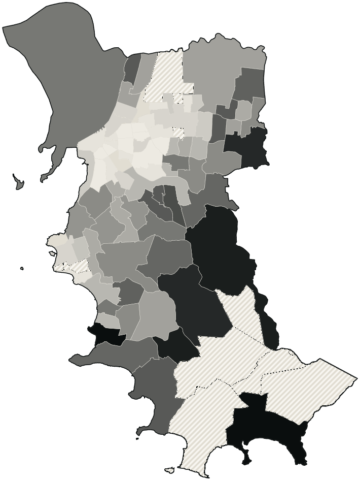 Mapa de Porto Alegre com o percentual de brancos e nulos para presidente por bairro em 2026