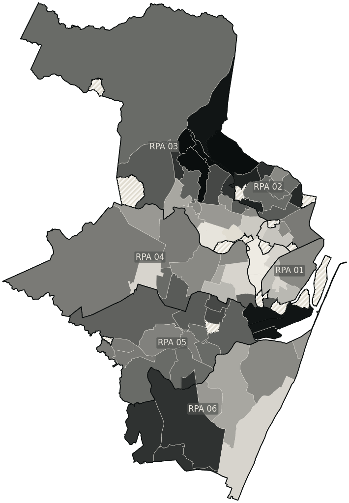 Mapa de Recife com o percentual de brancos e nulos para presidente por bairro em 2026