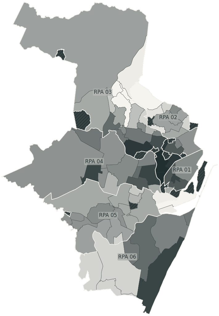 Mapa de Recife com o percentual de brancos e nulos para presidente por bairro em 2026