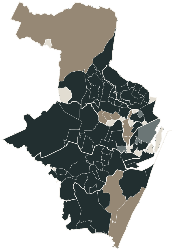 Mapa de Recife com o partido mais votado em cada bairro para Senado (2 vagas), 2026
