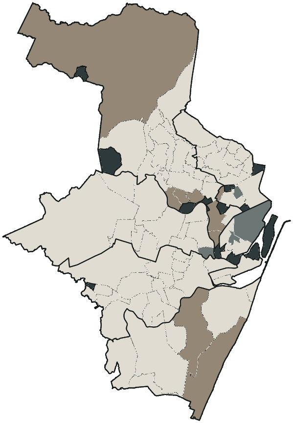 Mapa de Recife com o partido mais votado em cada bairro para Senado (2 vagas), 2026