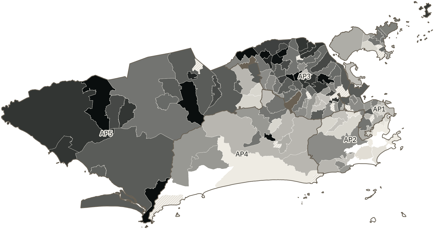 Mapa de Rio de Janeiro com o percentual de brancos e nulos para presidente por bairro em 2026