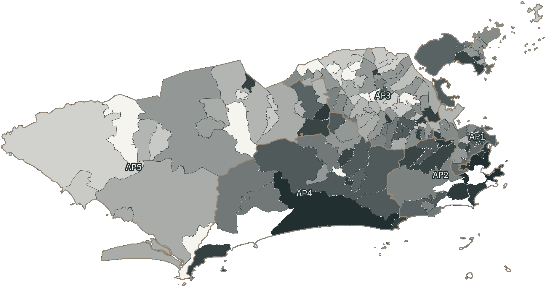 Mapa de Rio de Janeiro com o percentual de brancos e nulos para presidente por bairro em 2026
