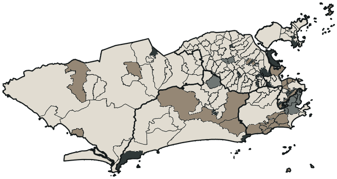 Mapa de Rio de Janeiro com o partido mais votado em cada bairro para Deputado estadual, 2026