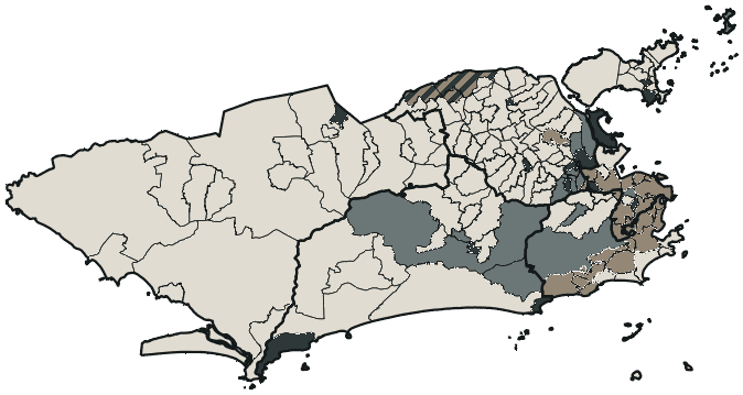 Mapa de Rio de Janeiro com o partido mais votado em cada bairro para Deputado federal, 2026