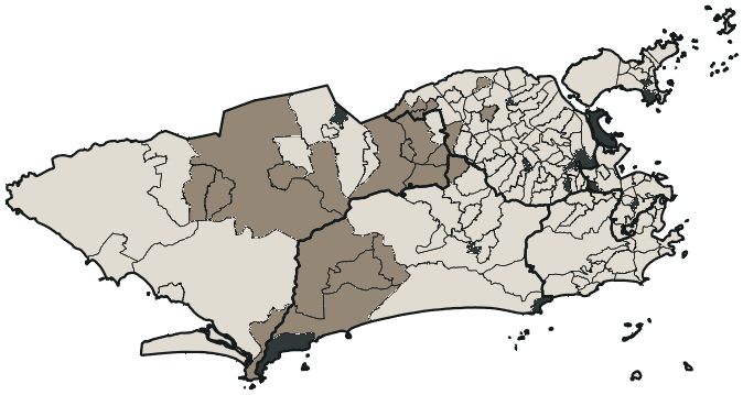 Mapa de Rio de Janeiro com o partido mais votado em cada bairro para Governador, 2026