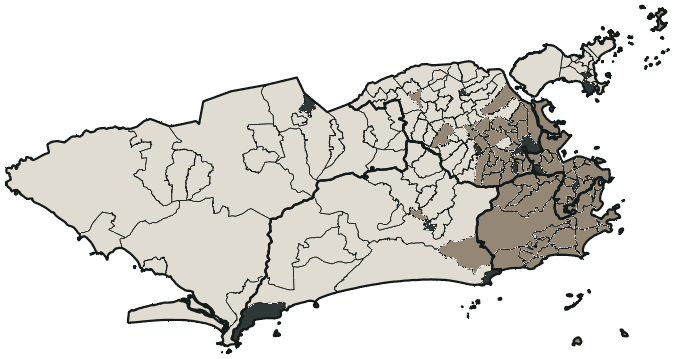 Mapa de Rio de Janeiro com o candidato a presidente mais votado em cada bairro, 2026