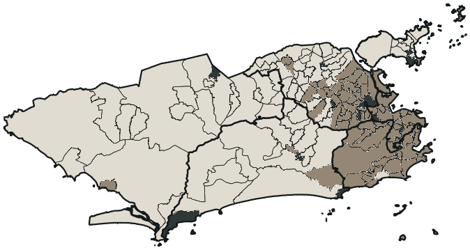Mapa de Rio de Janeiro com o partido mais votado em cada bairro para Senado (2 vagas), 2026