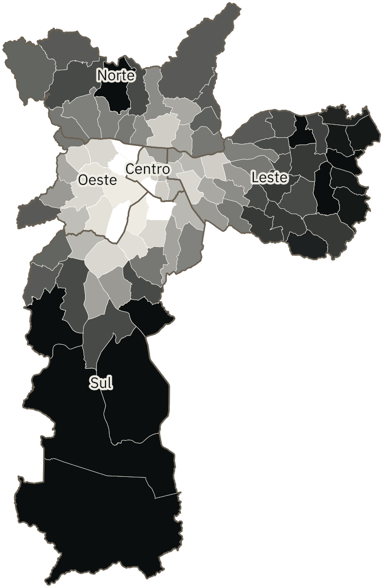 Mapa de São Paulo com o percentual de brancos e nulos para presidente por distrito em 2026