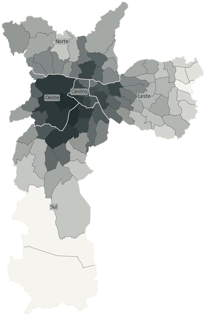 Mapa de São Paulo com o percentual de brancos e nulos para presidente por distrito em 2026