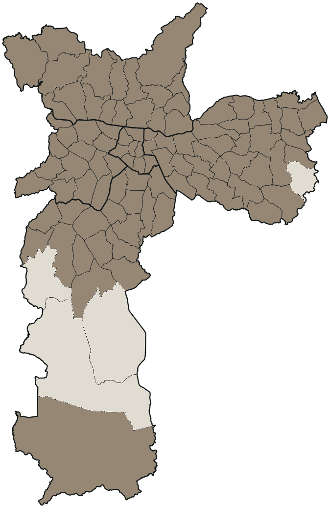 Mapa de São Paulo com o candidato a presidente mais votado em cada distrito, 2018