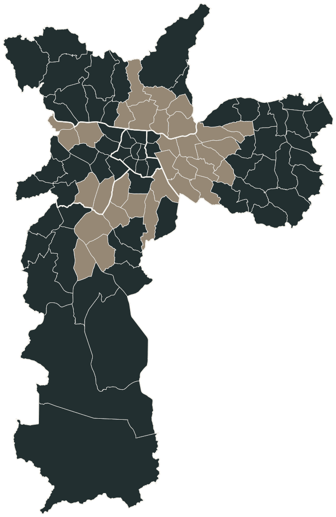 Mapa de São Paulo com o candidato a presidente mais votado em cada distrito, 2022