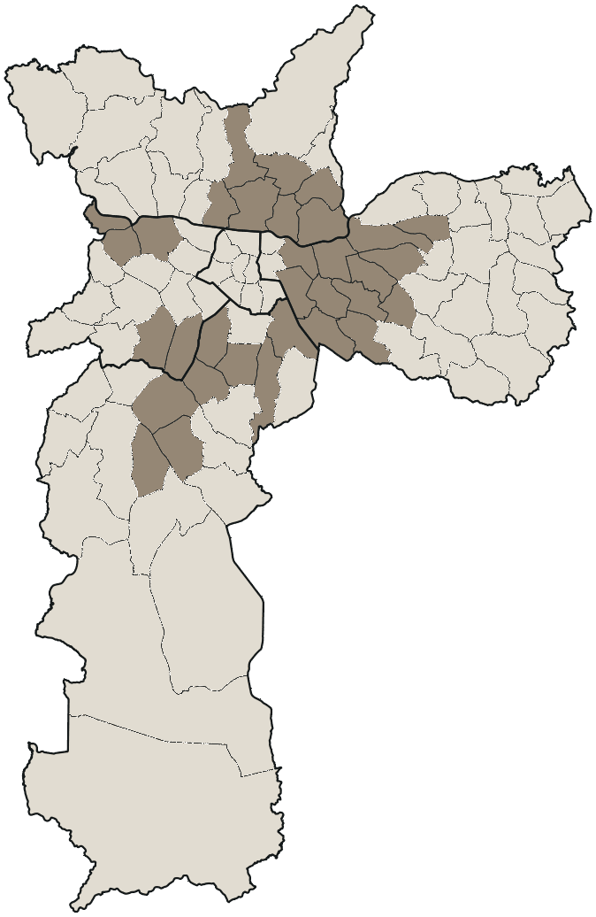 Mapa de São Paulo com o candidato a presidente mais votado em cada distrito, 2022