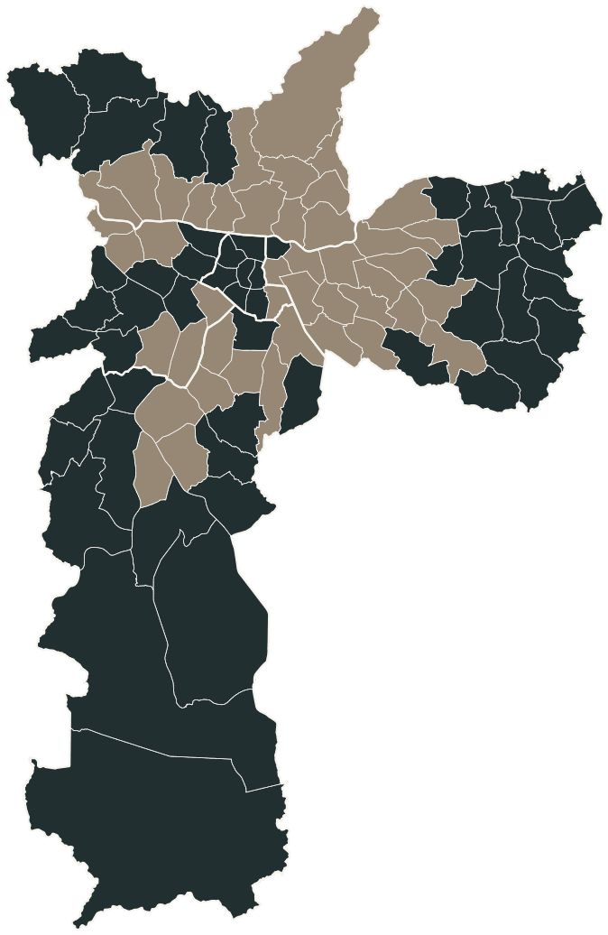 Mapa de São Paulo com o candidato a presidente mais votado em cada distrito, 2026
