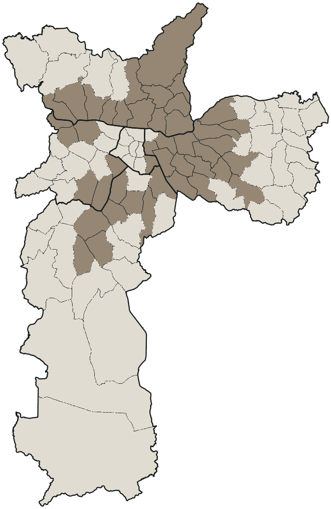 Mapa de São Paulo com o candidato a presidente mais votado em cada distrito, 2026