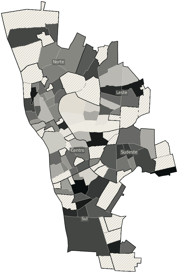 Mapa de Teresina com o percentual de brancos e nulos para presidente por bairro em 2026