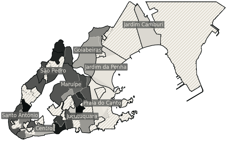 Mapa de Vitória com o percentual de brancos e nulos para presidente por bairro em 2026
