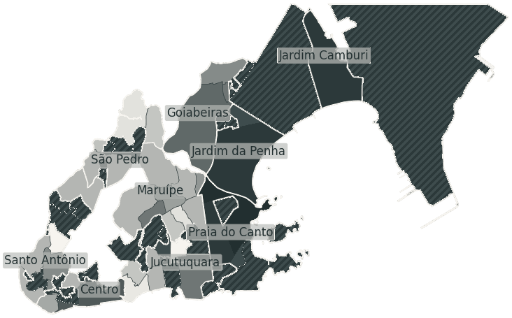 Mapa de Vitória com o percentual de brancos e nulos para presidente por bairro em 2026